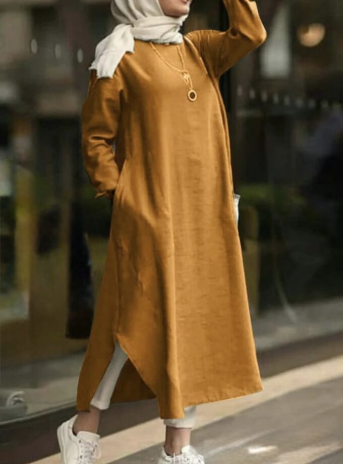 MiraMuze Muslim Women's Long Top Dress Abaya Split Midi Dress Full Sleeve Female Solid Pockets Robe