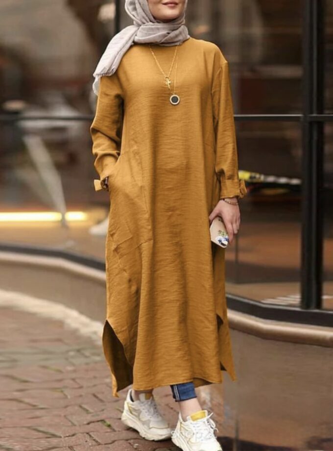 MiraMuze Muslim Women's Long Top Dress Abaya Split Midi Dress Full Sleeve Female Solid Pockets Robe