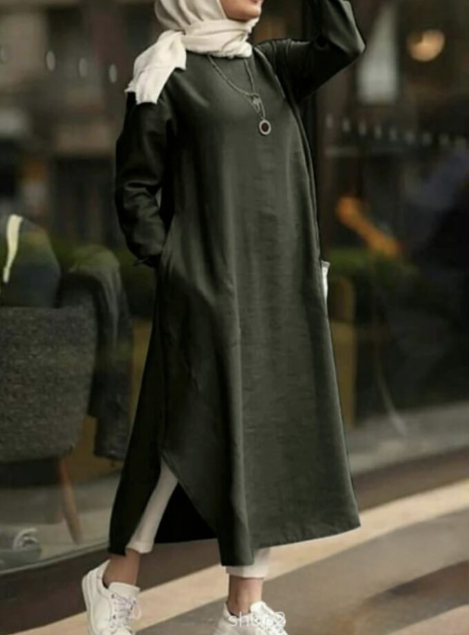 MiraMuze Muslim Women's Long Top Dress Abaya Split Midi Dress Full Sleeve Female Solid Pockets Robe