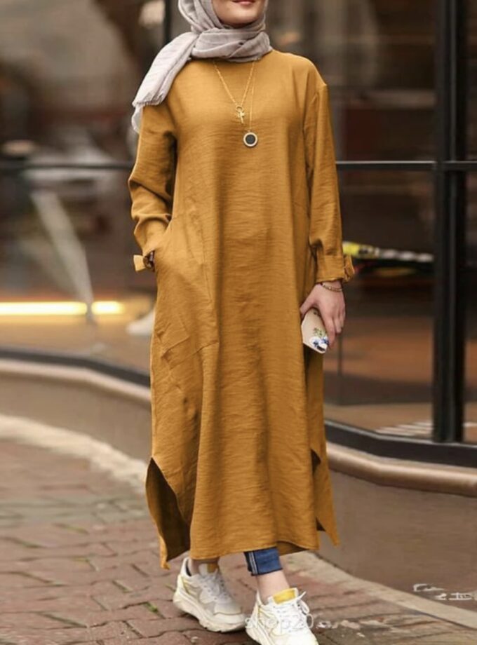 MiraMuze Muslim Women's Long Top Dress Abaya Split Midi Dress Full Sleeve Female Solid Pockets Robe