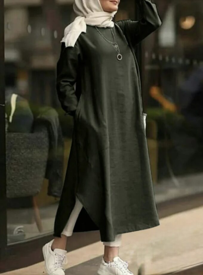 MiraMuze Muslim Women's Long Top Dress Abaya Split Midi Dress Full Sleeve Female Solid Pockets Robe
