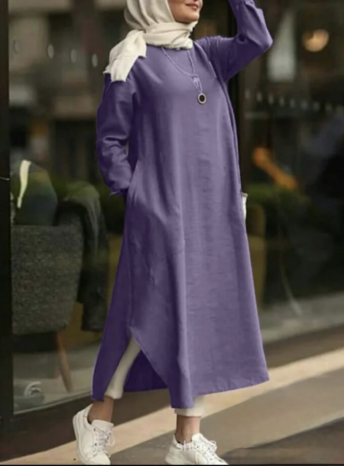 MiraMuze Muslim Women's Long Top Dress Abaya Split Midi Dress Full Sleeve Female Solid Pockets Robe