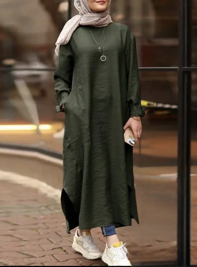 MiraMuze Muslim Women's Long Top Dress Abaya Split Midi Dress Full Sleeve Female Solid Pockets Robe