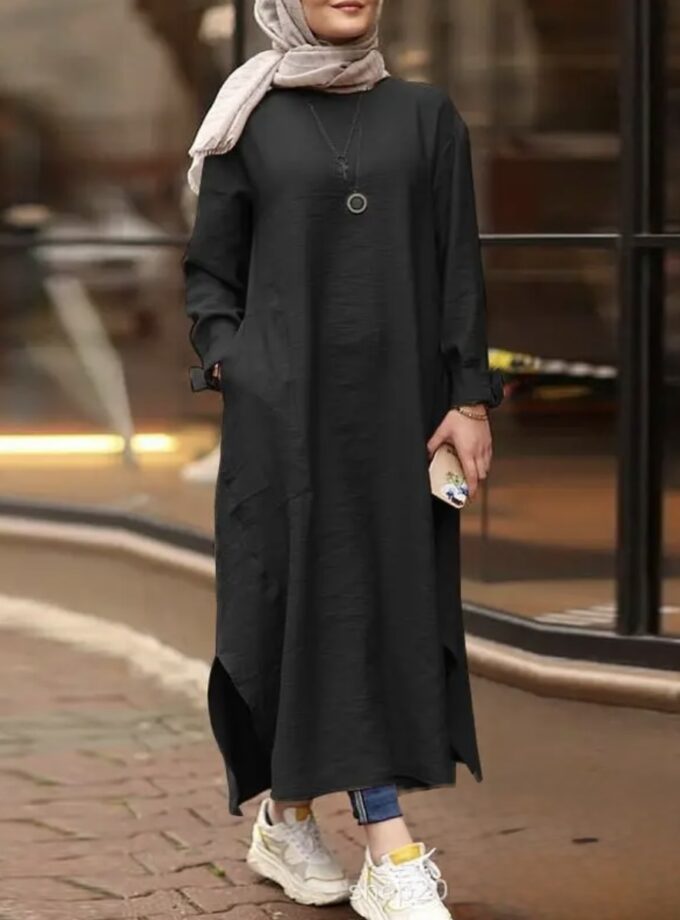 MiraMuze Muslim Women's Long Top Dress Abaya Split Midi Dress Full Sleeve Female Solid Pockets Robe