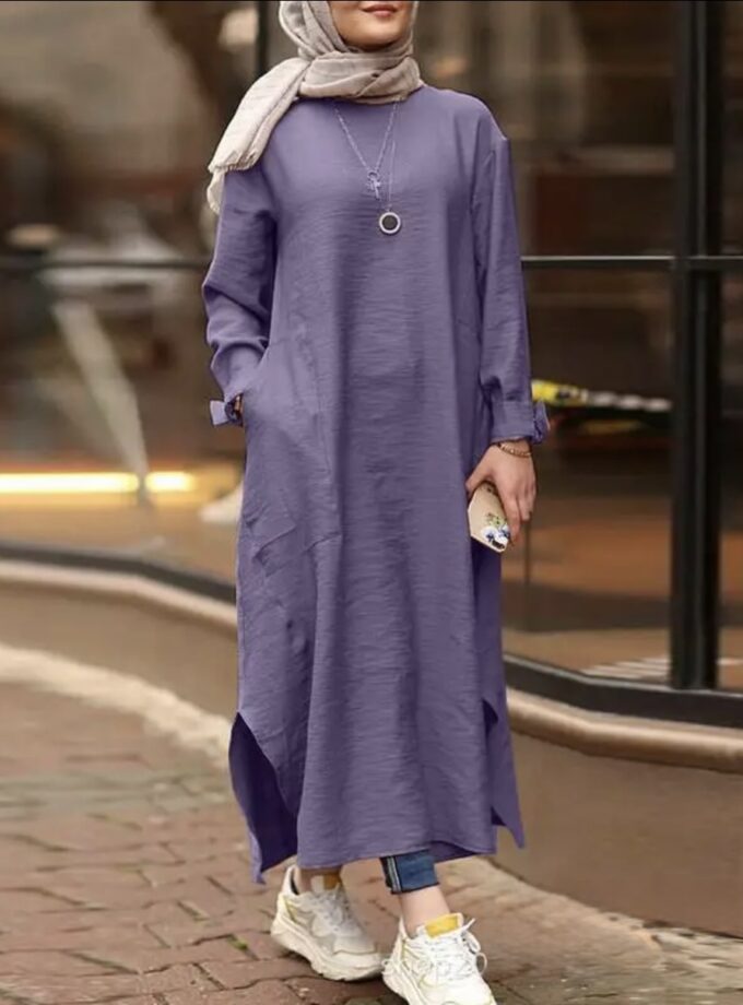 MiraMuze Muslim Women's Long Top Dress Abaya Split Midi Dress Full Sleeve Female Solid Pockets Robe