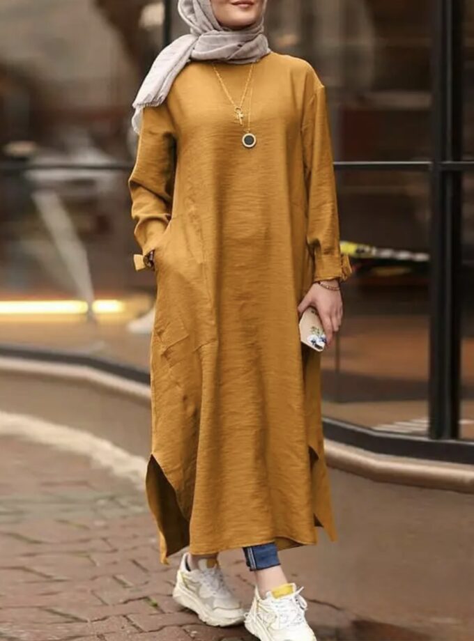 MiraMuze Muslim Women's Long Top Dress Abaya Split Midi Dress Full Sleeve Female Solid Pockets Robe