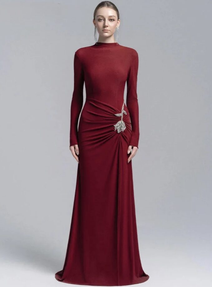 MiraMuze Elegant Dress Flower and Diamond Splice, Asymmetric Pleated Slim Fit with Trailing Design. Women’s Evening Party Dress, 2025 Autumn New. Style No. 35Z3500