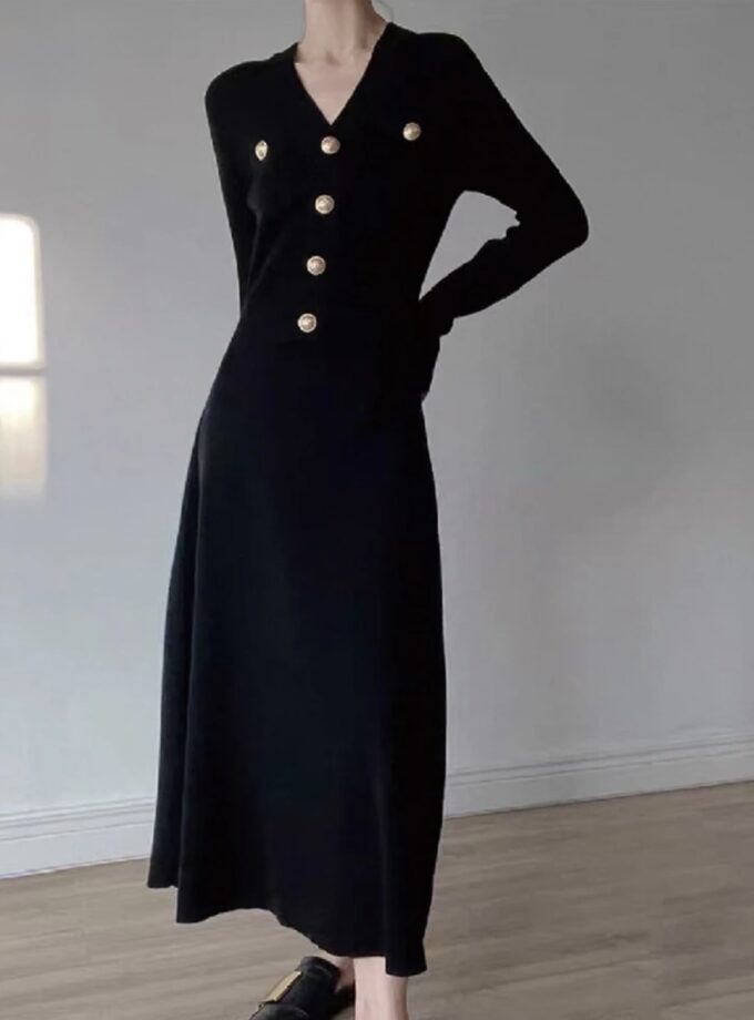 MiraMuze French Style Casual Slimming Solid Dress for Women V-Neck Long Sleeve High Waist Elegant Commute Dress Female Fashion New