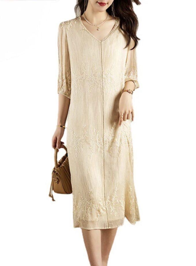 MiraMuze 100% Real Silk Embroidered Dress for Women V-Neck, Loose Fit, High Waist, Elegant Large Midi Design. Perfect for Summer and Autumn. Style No. D383115QM