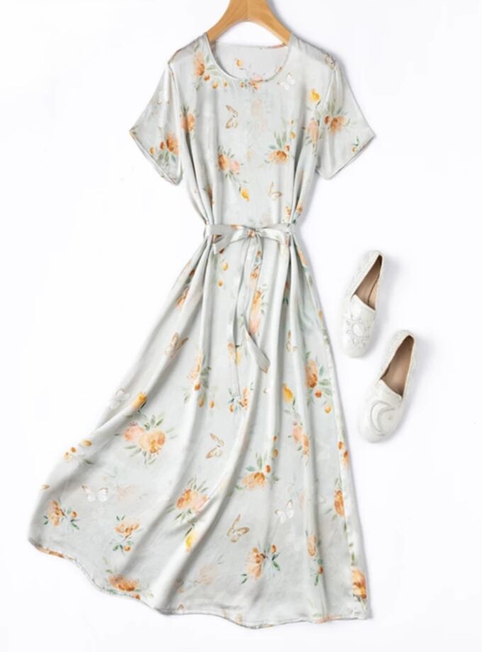 MiraMuze Women Midi Dress 100% Mulberry Silk 19 Momme Charmeuse Silk Short Sleeve Belted Waist Gray Floral Print A Line Long Dress M1430
