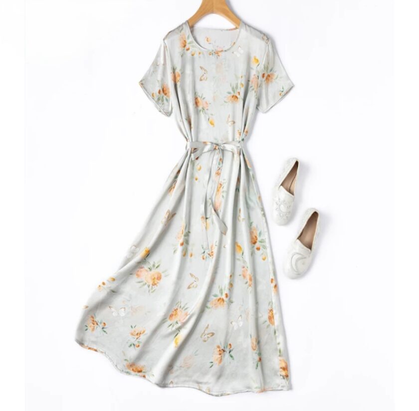 MiraMuze Women Midi Dress 100% Mulberry Silk 19 Momme Charmeuse Silk Short Sleeve Belted Waist Gray Floral Print A Line Long Dress M1430