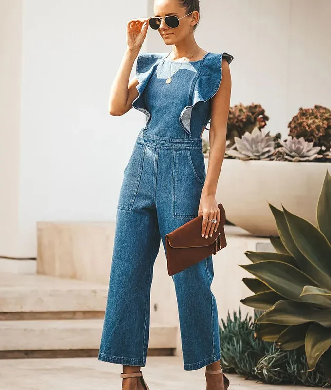 MiraMuze Lace Up One Piece Rompers Women Sexy Backless Light Blue Ladies Party Jumpsuit Straight Pants