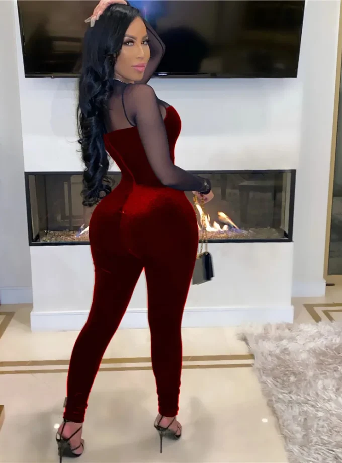 MiraMuze Sexy Sheer Mesh Patchwork Velvet Jumpsuit Women Long Sleeve Skinny Rompers Womens Jumpsuit Elegant