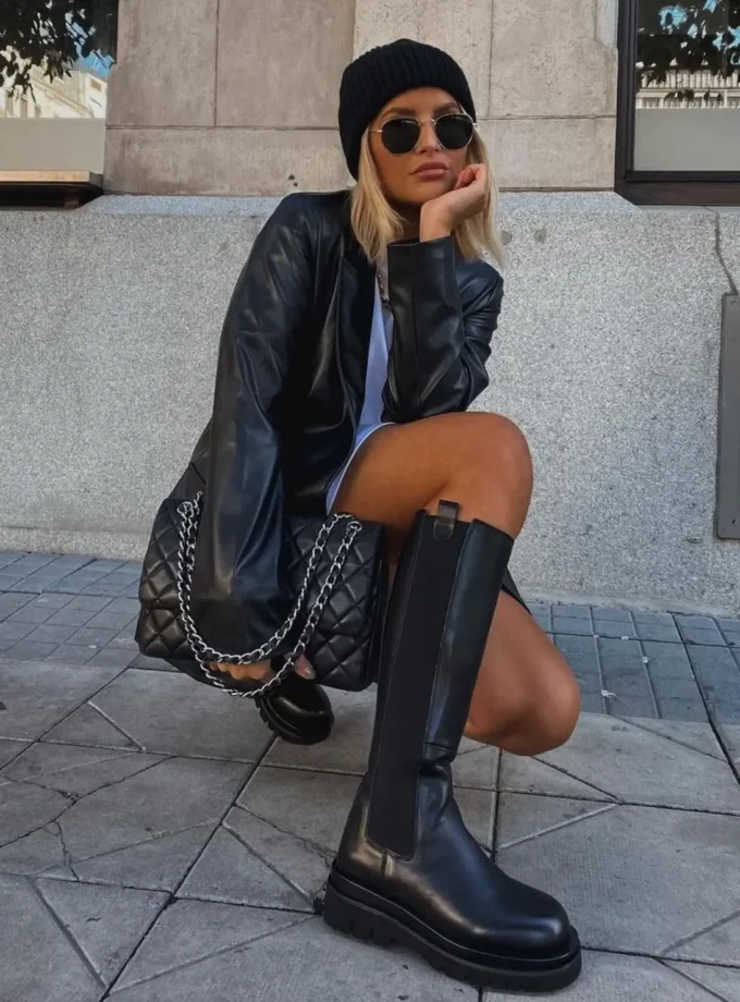 MiraMuze Autumn And Winter Street Black Women's Clothing Solid Color Suit Collar Fake Pocket Fashion Casual Women's Leather Jacket