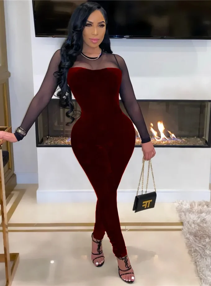 MiraMuze Sexy Sheer Mesh Patchwork Velvet Jumpsuit Women Long Sleeve Skinny Rompers Womens Jumpsuit Elegant