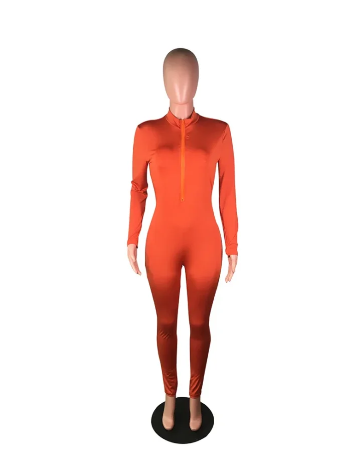 MiraMuze Sexy Bodycon Jumpsuit Romper Long Sleeve Bodysuit Women Zipper V-Neck Full Length Jumpsuit Women