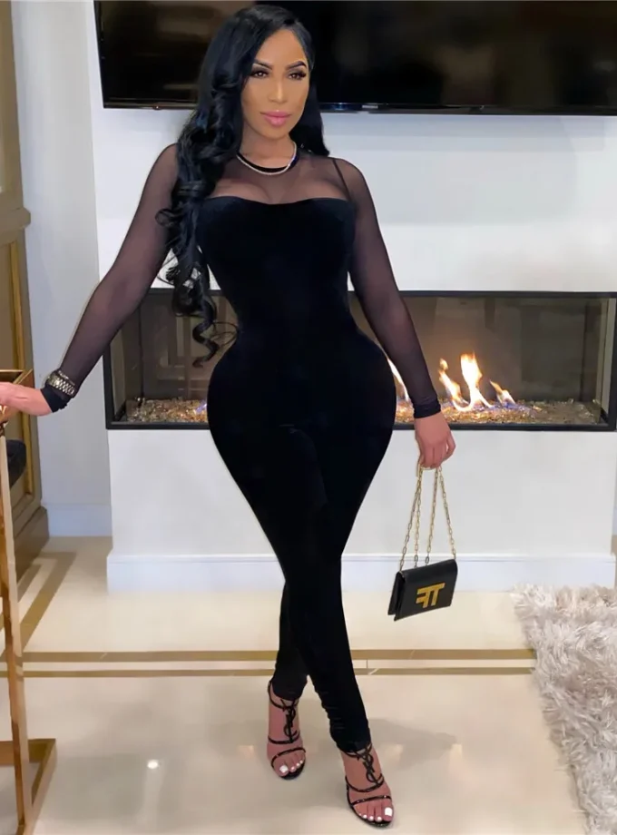 MiraMuze Sexy Sheer Mesh Patchwork Velvet Jumpsuit Women Long Sleeve Skinny Rompers Womens Jumpsuit Elegant