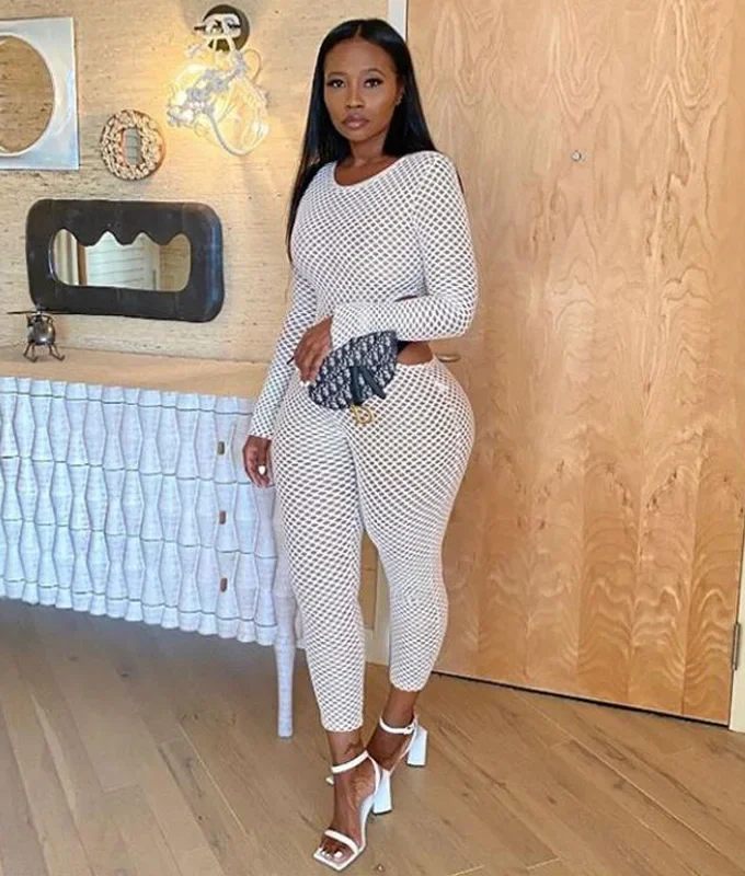 MiraMuze Fashion Jumpsuit Womens Fall Clothes Long Sleeve O-neck New Sexy Waist Cut Out Mesh Jumpsuit