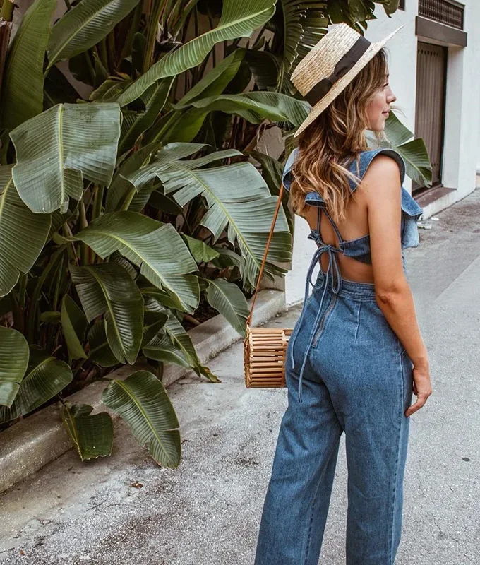 MiraMuze Lace Up One Piece Rompers Women Sexy Backless Light Blue Ladies Party Jumpsuit Straight Pants