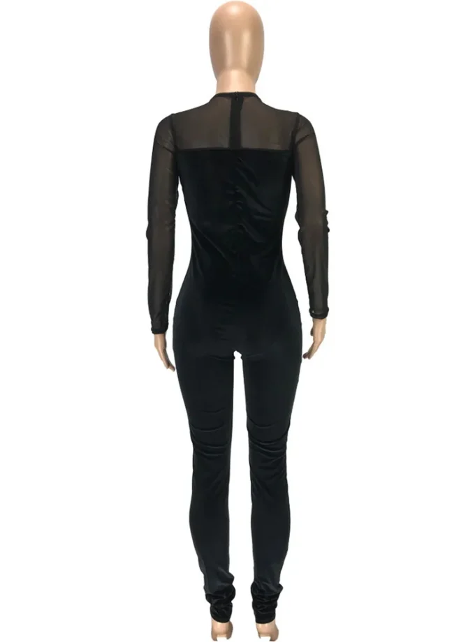 MiraMuze Sexy Sheer Mesh Patchwork Velvet Jumpsuit Women Long Sleeve Skinny Rompers Womens Jumpsuit Elegant