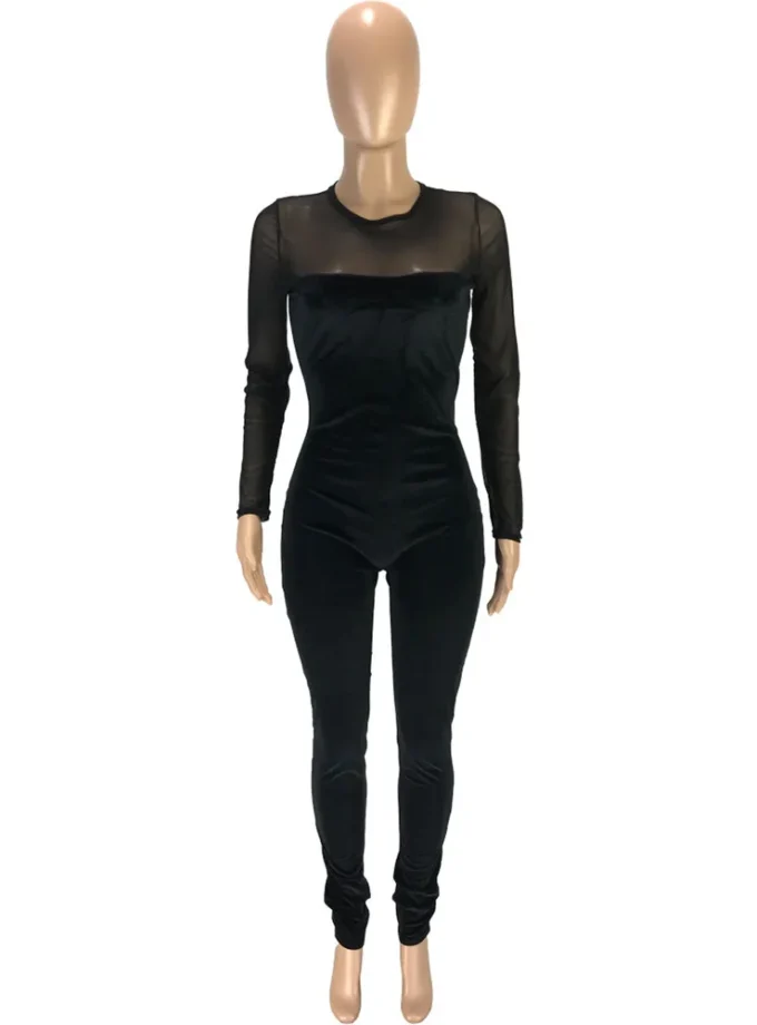 MiraMuze Sexy Sheer Mesh Patchwork Velvet Jumpsuit Women Long Sleeve Skinny Rompers Womens Jumpsuit Elegant