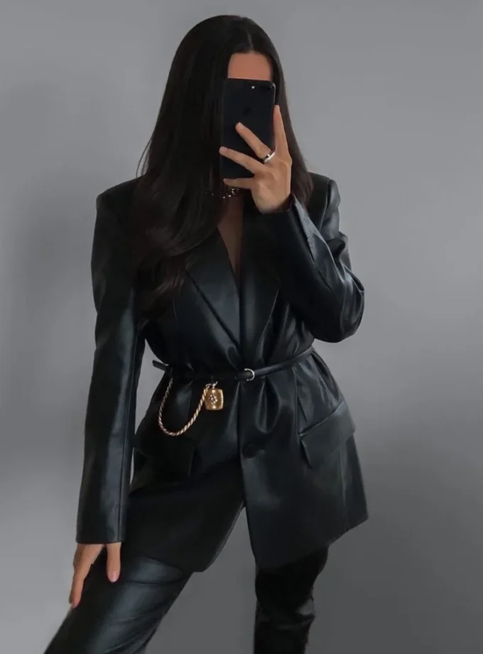 MiraMuze Autumn And Winter Street Black Women's Clothing Solid Color Suit Collar Fake Pocket Fashion Casual Women's Leather Jacket