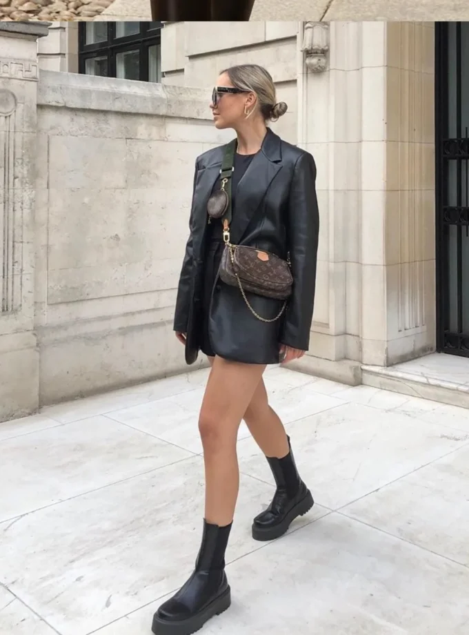 MiraMuze Autumn And Winter Street Black Women's Clothing Solid Color Suit Collar Fake Pocket Fashion Casual Women's Leather Jacket