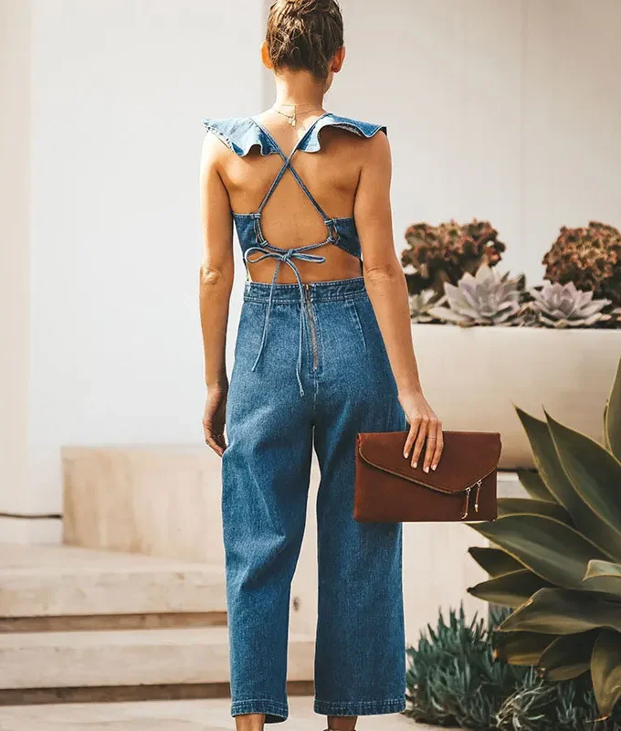 MiraMuze Lace Up One Piece Rompers Women Sexy Backless Light Blue Ladies Party Jumpsuit Straight Pants