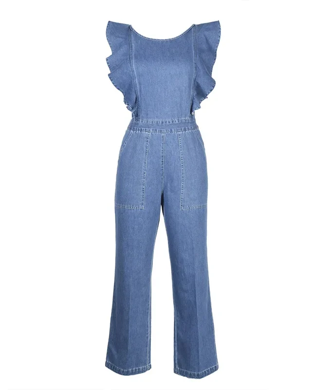 MiraMuze Lace Up One Piece Rompers Women Sexy Backless Light Blue Ladies Party Jumpsuit Straight Pants