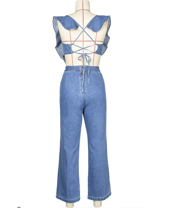 MiraMuze Lace Up One Piece Rompers Women Sexy Backless Light Blue Ladies Party Jumpsuit Straight Pants