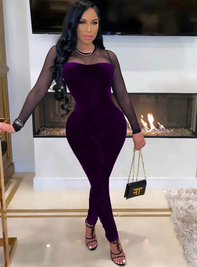 MiraMuze Sexy Sheer Mesh Patchwork Velvet Jumpsuit Women Long Sleeve Skinny Rompers Womens Jumpsuit Elegant