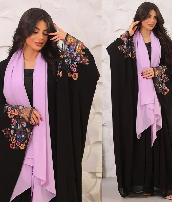 MiraMuze Islamic Clothing Women Abaya Muslim Dresses Embroidered Flower Sleeve Chiffon Kaftan Dresses Women Cardigan