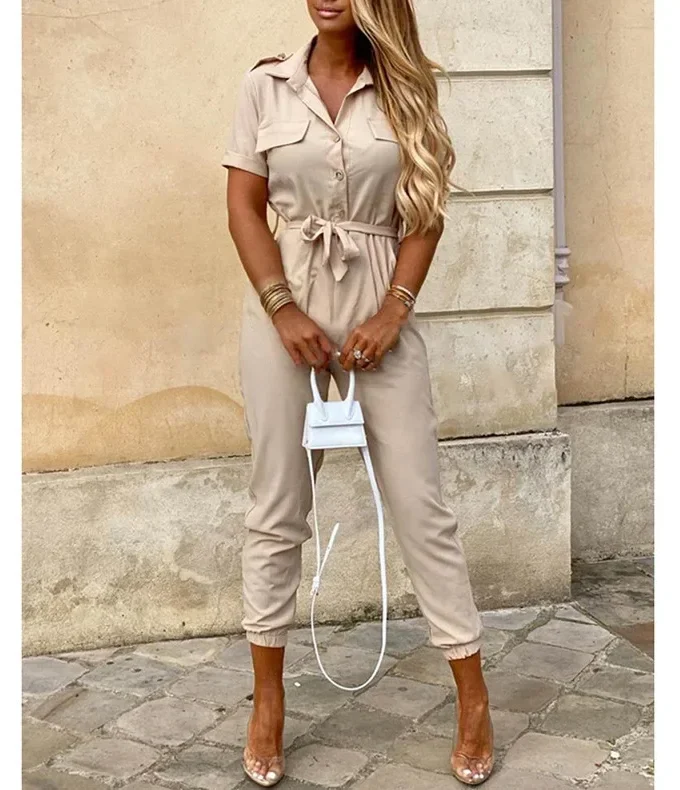 MiraMuze Summer Women's New Fashion Flip Collar Button Print Belt Lace Up Work Dress Casual Capris Jumpsuit Office