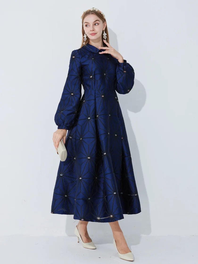 MiraMuze Fall Winter Turned Collar Lined Sleeve A-Line Silhouette Geometric Heavyweight Jacquard Elegant and Graceful Long Dress - Image 3