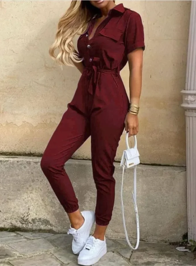 MiraMuze Summer Women's New Fashion Flip Collar Button Print Belt Lace Up Work Dress Casual Capris Jumpsuit Office