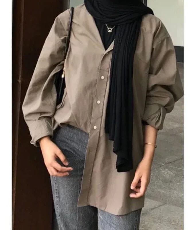 MiraMuze Women Muslim Blouse Vintage Turn Down Collar Long Sleeve Solid Single Breasted Loose Shirt Casual Islamic Clothing