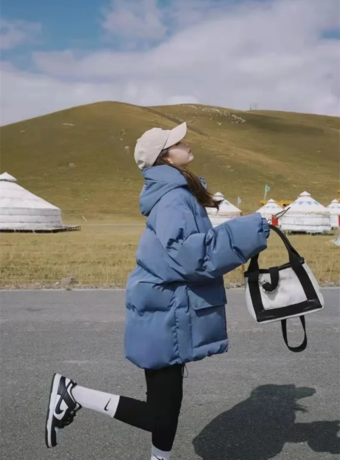 MiraMuze 2025 New Women's Loose Plus Thick Winter Hooded Flannel Coat Versatile Solid Color Down Jacket Winter Foggy Blue Women's Coat