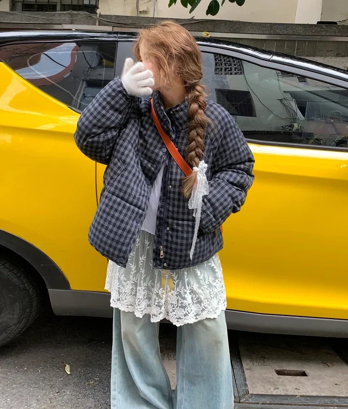 MiraMuze Short Plaid Parkas Women Streetwear Stand Collar Puffer Jacket Winter Korean Down Coats Fashion Cotton Padded Outerwears