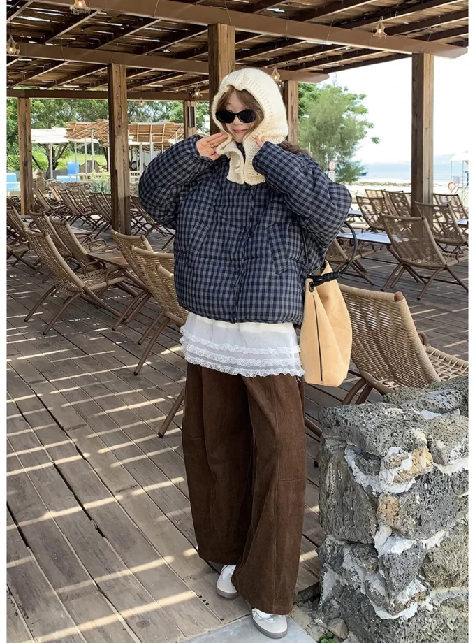 MiraMuze Short Plaid Parkas Women Streetwear Stand Collar Puffer Jacket Winter Korean Down Coats Fashion Cotton Padded Outerwears