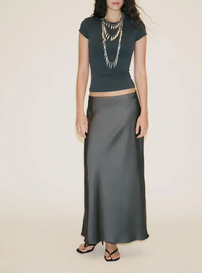 MiraMuze High-End Silk Satin Texture Midi Skirt for Women New Autumn Collection Ele Draped A-Line Design Fashonable Ladies Skirt