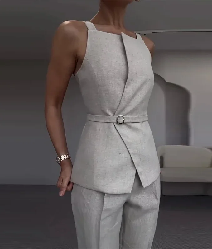 MiraMuze 2025 Women's Fashion Spring and Summer Latest Hot Selling Dresses New Women's Clothing Style Commuting Sleeveless Slim Gray Suit