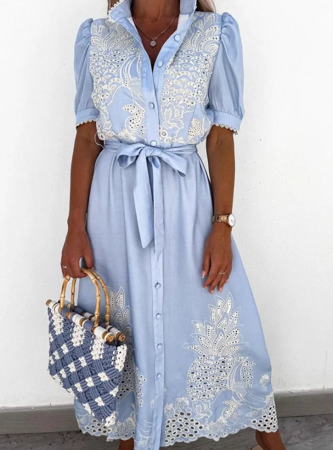 MiraMuze Spring Summer Women Lace-Up Shirt Hollowed-Out Dress Elegant Single-Breasted Puff Sleeve Maxi Dress Bohemian Sundress Party Robe