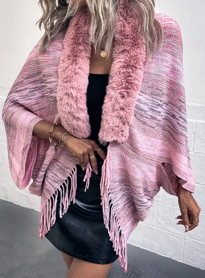 MiraMuze Fashion Elegant Jacket Coat Autumn/Winter Rainbow Stripe Tassel Shawl