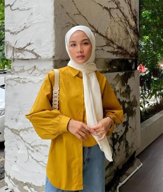 MiraMuze Women Muslim Blouse Vintage Turn Down Collar Long Sleeve Solid Single Breasted Loose Shirt Casual Islamic Clothing