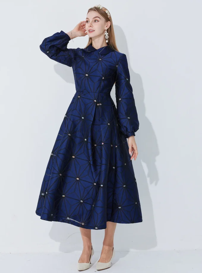 MiraMuze Fall Winter Turned Collar Lined Sleeve A-Line Silhouette Geometric Heavyweight Jacquard Elegant and Graceful Long Dress