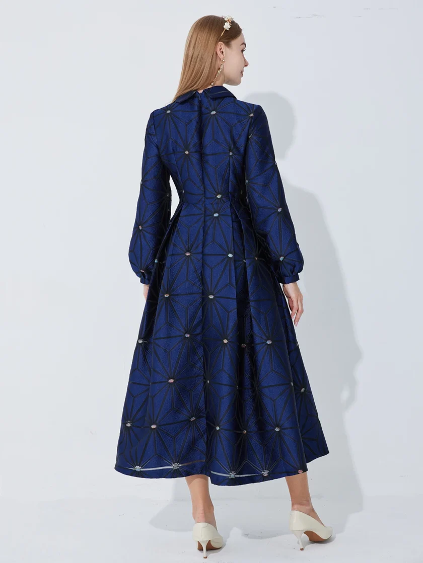 MiraMuze Fall Winter Turned Collar Lined Sleeve A-Line Silhouette Geometric Heavyweight Jacquard Elegant and Graceful Long Dress - Image 2