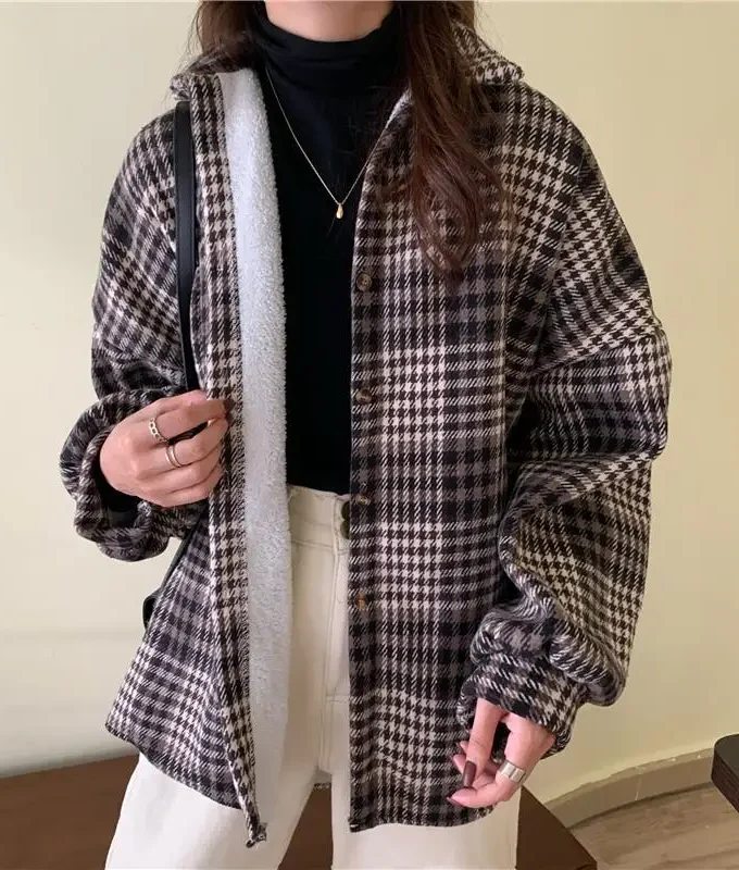 MiraMuze Velvet Thick Warm Women's Plaid Shirt Female Stripe Long Sleeve Tops Winter Fleece Casual Check Blouse Autumn