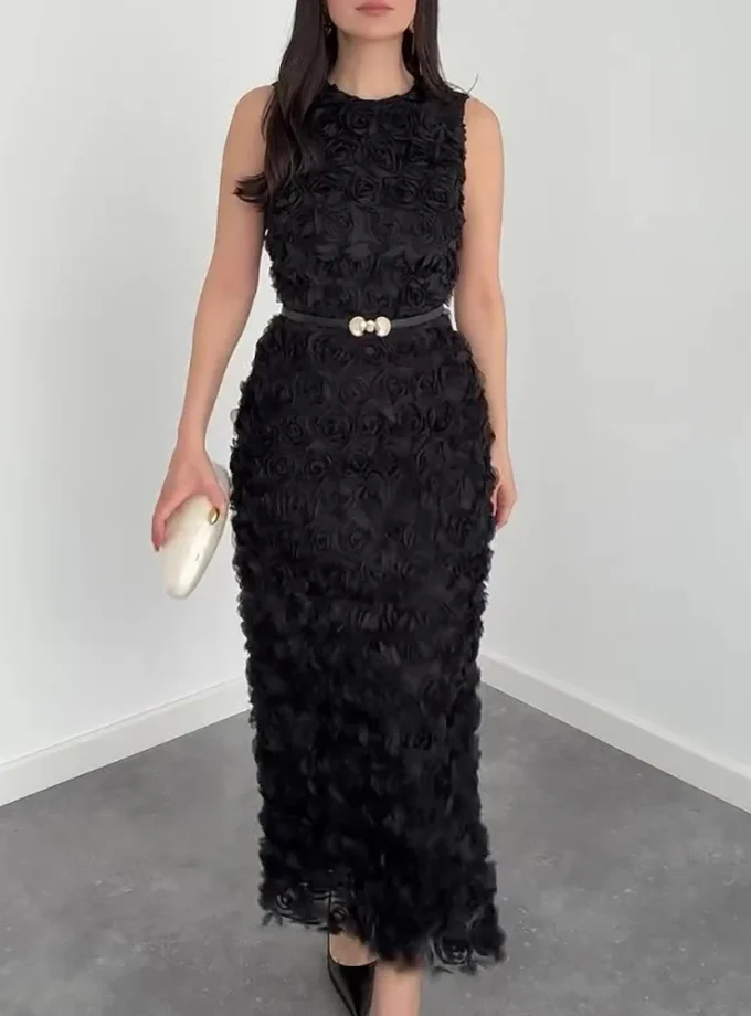 MiraMuze Fashion Temperament Long Dress Three-Dimensional Flower Solid Slim A-Line Dress 2025 Elegant Lady O-Neck Sleeveless Party Dress