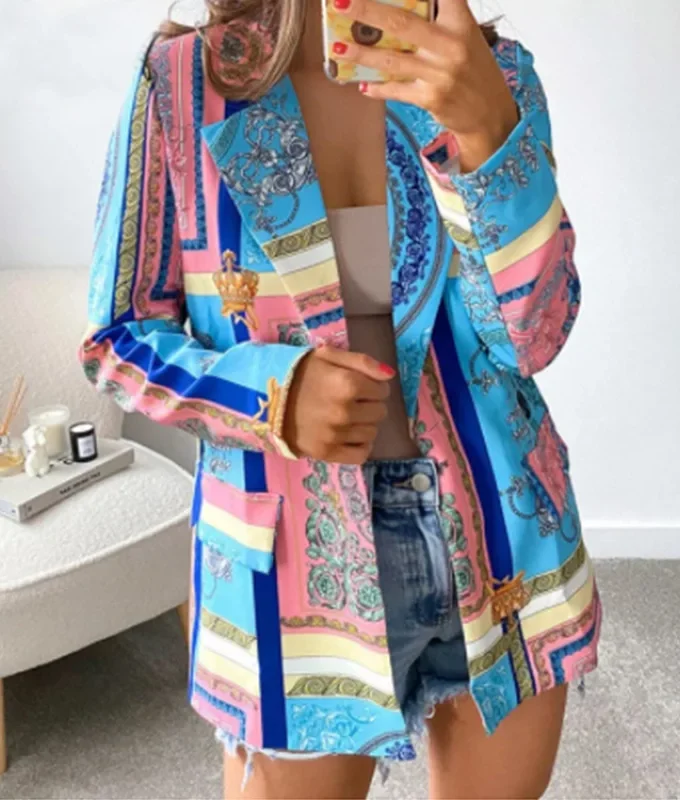 MiraMuze Vintage Graphic Print Shirt Dress Sexy Women V Neck Long Sleeve Blue Green Loose