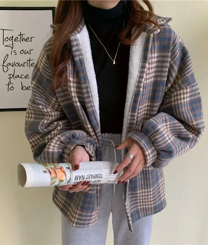 MiraMuze Velvet Thick Warm Women's Plaid Shirt Female Stripe Long Sleeve Tops Winter Fleece Casual Check Blouse Autumn